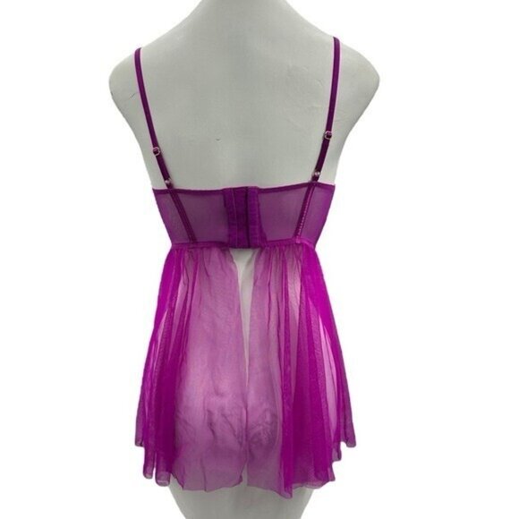 Victorias Secret 34C Sheer Lingerie Babydoll Dress Purple Mesh Underwire Push Up - Picture 4 of 12